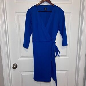 Ann Taylor Petite V Neck Wrap Dress Women's 12P Blue 3/4 Sleeve Draped Cocktail